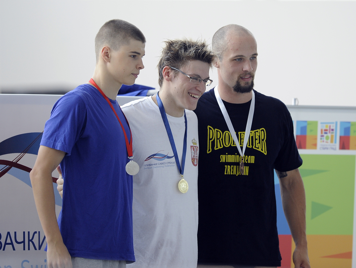 Letnje prvenstvo Srbije u plivanju. ANDREJ BARNA, drugo mesto, VELIMIR STJEPANOVIC, prvo mesto na 100m slobodno, IVAN LENDJER, trece mesto. Beograd, 18.07.2015. foto: Nebojsa Parausic Plivanje,