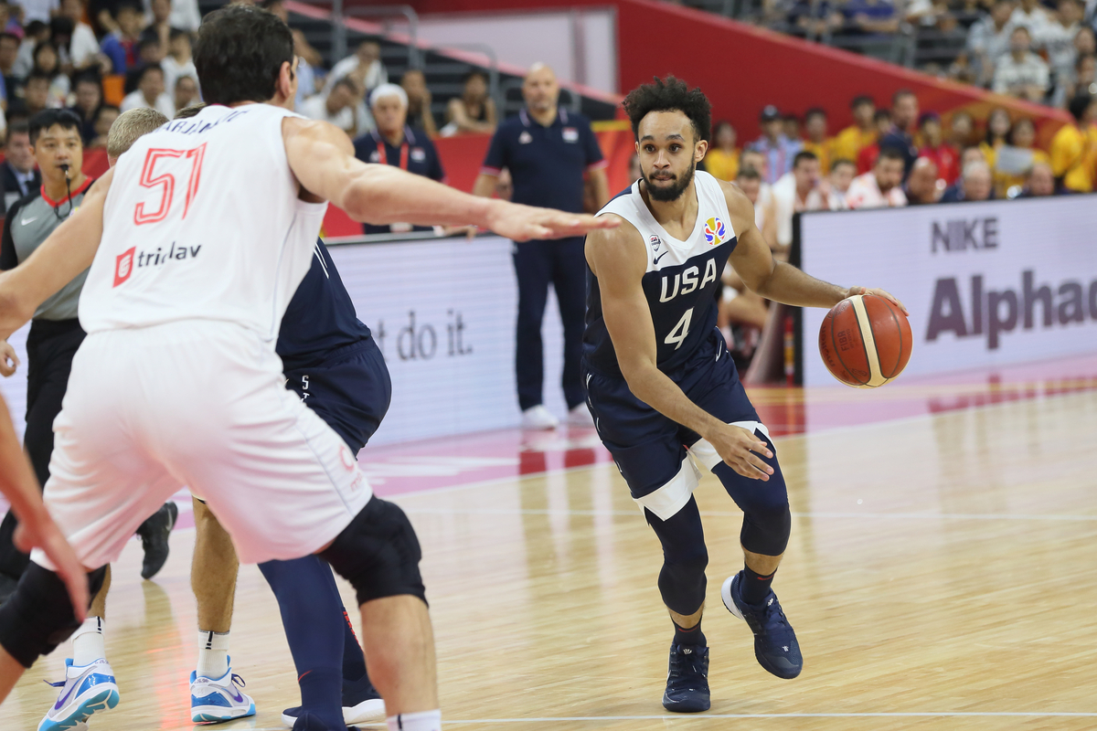 DERRICK WHITE Derik Vajt kosarkas reprezentacije Amerike SAD na utakmici Svetskog prvenstva 2019 protiv Srbije u hali Dongguan sportski centar, Dongguan 12.09.2019. godine Foto: Marko Metlas Kosarka, Srbija, Svetsko prvenstvo, Kina, Amerika SAD