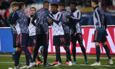 JAVI MARTINEZ Cavi Martinez, JEROME BOATENG Zerom Boateng, KINGSLEY COMAN Kingzli Koman, ALPHONSO DAVIES Alfonso Dejvis fudbaleri Bajerna Minhen na utakmici UEFA Lige Sampiona protiv Crvene zvezde na stadionu Rajko Mitic, Beograd 26.11.2019. godine Foto: Marko Metlas Fudbal, Crvena zvezda, UEFA Liga Sampiona , Bajern Minhen