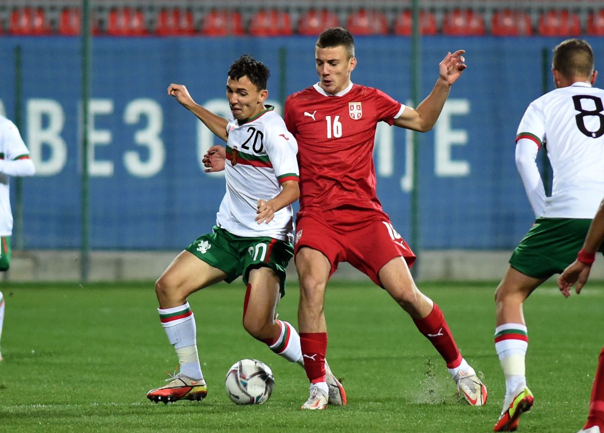 MIODRAG PIVAS, mladi fudbaler Srbije U17, na utakmici kvalifikacija za Evropsko prvenstvo protiv Bugarske, NEDZHIB HADZHA, na stadionu SC FSS. Stara Pazova, 24.10.2021. foto: Nebojsa Parausic Fudbal, UEFA kvalifikacije za Evropsko prvenstvo, Srbija, Bugarska