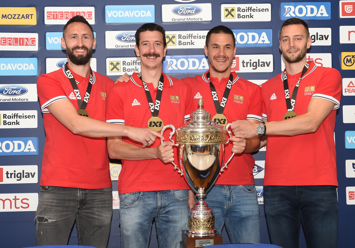 Press konferencija u cast basketasa Srbije 3x3, koji su Becu ponovo postali svetski prvaci, u Kuci kosarke, KSS. DEJAN MAJSTOROVIC, STRAHINJA STOJACIC, MIHAILO VASIC, MARKO BRANKOVIC. Beograd, 06.06.2023. foto: Nebojsa Parausic Kosarka, Basket 3x3, Srbija