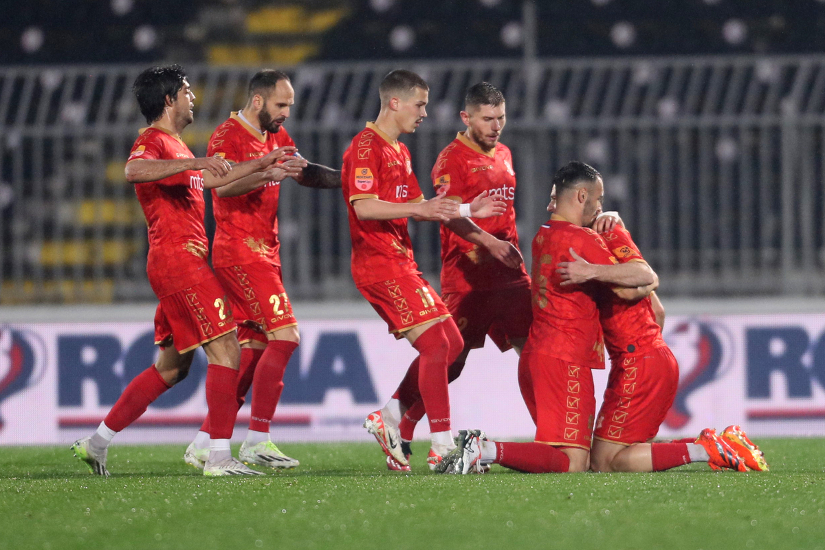 RADOST fudbalera Napretka Krusevac na utakmici Superlige Prvenstva Srbije protiv Partizana na stadionu Partizana, Beograd 13.03.2024. godine Foto: Marko Metlas Fudbal, Partizan, Superliga Prvenstvo Srbije, Napredak Krusevac