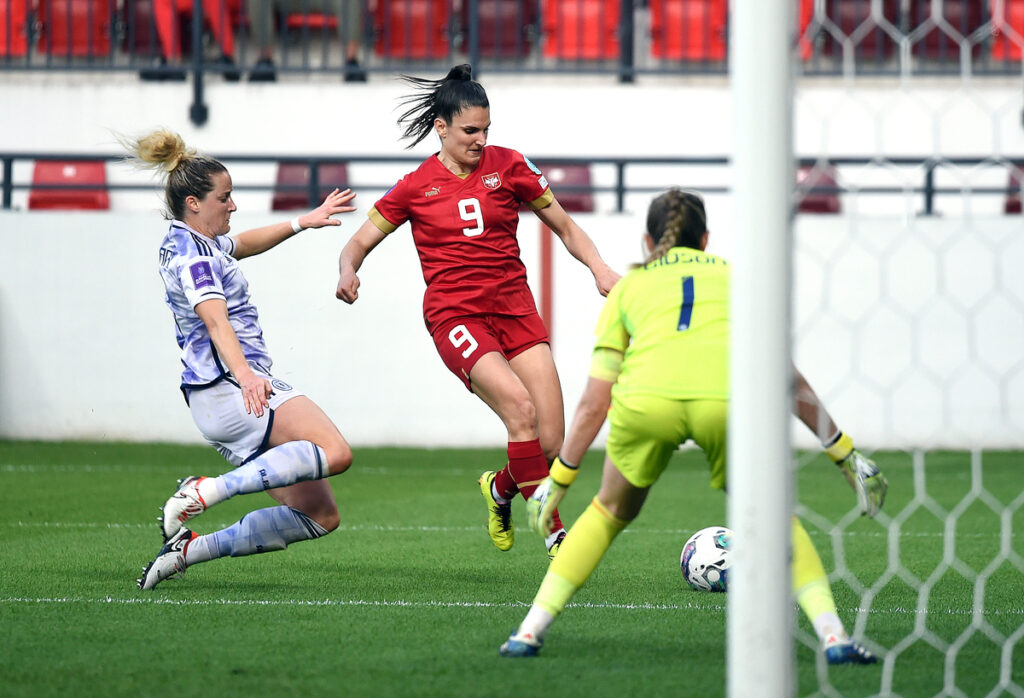 JOVANA DAMNJANOVIC, fudbalerka Srbije, na utakmici kvalifikacija za Evropsko prvenstvo protiv Skotske, na stadionu Dubocica. Leskovac, 05.04.2024. foto: Nebojsa Parausic Fudbal, UEFA, Srbija, Skotska, Zene