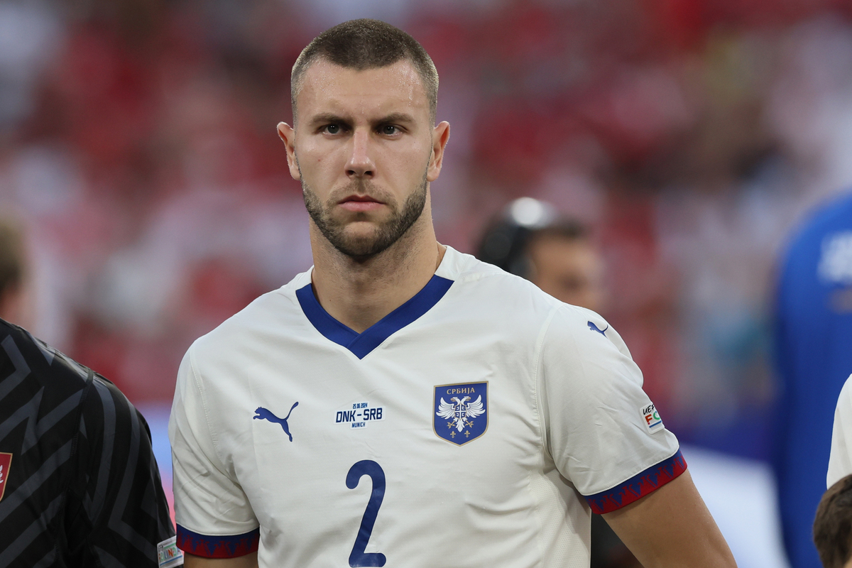 STRAHINJA PAVLOVIC fudbaler reprezentacije Srbije na utakmici UEFA Evropskog prvenstva 2024 godine protiv Danske na stadionu Minhen fudbal arena, Minhen, 25.06.2024. godine Foto: Marko Metlas Fudbal, Reprezentacija, Srbija, UEFA Evropsko prvenstvo, EURO 2024, Danska