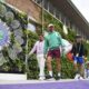 Serbia's Novak Djokovic makes his way to a training session, a day ahead of his Men's singles final match against Spain's Carlos Alcaraz at the Wimbledon tennis championships, in London, Saturday, July 13, 2024. (Aaron Chown/PA via AP)