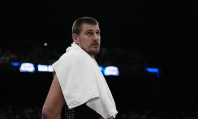 Serbia's Nikola Jokic reacts after Serbia lost an exhibition basketball match against the United States at the USA Basketball Showcase, ahead of the 2024 Paris Olympic basketball tournament, in Abu Dhabi, United Arab Emirates, Wednesday, July 17, 2024. (AP Photo/Altaf Qadri)