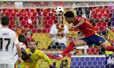 Spain's Mikel Merino scores his side's second goal during a quarter final match between Germany and Spain at the Euro 2024 soccer tournament in Stuttgart, Germany, Friday, July 5, 2024. (AP Photo/Ariel Schalit)