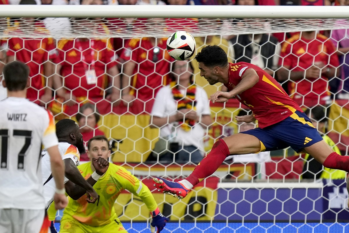 Spain's Mikel Merino scores his side's second goal during a quarter final match between Germany and Spain at the Euro 2024 soccer tournament in Stuttgart, Germany, Friday, July 5, 2024. (AP Photo/Ariel Schalit)