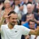 Daniil Medvedev of Russia celebrates after defeating Jannik Sinner of Italy in their quarterfinal match at the Wimbledon tennis championships in London, Tuesday, July 9, 2024. (AP Photo/Mosa'ab Elshamy)