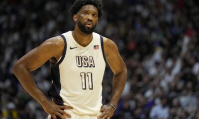 United States' center Joel Embiid reacts during an exhibition basketball game between the United States and Germany at the O2 Arena in London, Monday, July 22, 2024. (AP Photo/Alastair Grant)