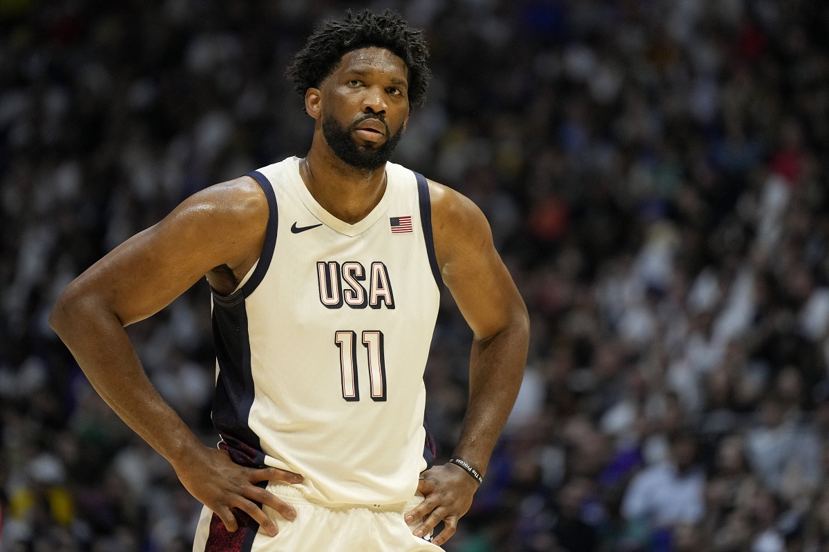 United States' center Joel Embiid reacts during an exhibition basketball game between the United States and Germany at the O2 Arena in London, Monday, July 22, 2024. (AP Photo/Alastair Grant)