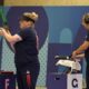 Serbia's Zorana Arunovic, left, and Damir Mikec get ready to compete in the 10m air pistol mixed team gold medal event at the 2024 Summer Olympics, Tuesday, July 30, 2024, in Chateauroux, France. (AP Photo/Manish Swarup)