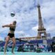 Germany's Svenja Mueller warms up before a beach volleyball practice in Eiffel Tower Stadium at the 2024 Summer Olympics, Thursday, July 25, 2024, in Paris, France. (AP Photo/Robert F. Bukaty)