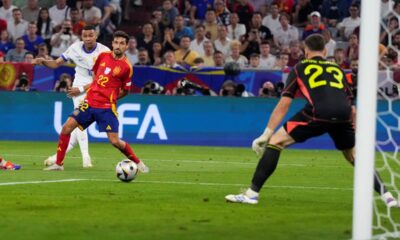 Kylian Mbappe of France makes an attempt to score during a semifinal match between Spain and France at the Euro 2024 soccer tournament in Munich, Germany, Tuesday, July 9, 2024. (AP Photo/Manu Fernandez)