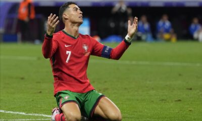 Portugal's Cristiano Ronaldo reacts after missing a chance to score a goal against Slovenia during a round of sixteen match at the Euro 2024 soccer tournament in Frankfurt, Germany, Monday, July 1, 2024. (AP Photo/Antonio Calanni)