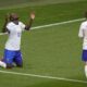 Randal Kolo Muani of France celebrates after his shot was deflected in the net by Belgium's Jan Vertonghen during a round of sixteen match between France and Belgium at the Euro 2024 soccer tournament in Duesseldorf, Germany, Monday, July 1, 2024. (AP Photo/Andreea Alexandru)