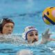 Serbia's Milos Cuk, right, and Japan's Taiyo Watanabe battle for the ball during the men's Water Polo Group B preliminary match between Serbia and Japan at the 2024 Summer Olympics, Sunday, July 28, 2024, in Saint-Denis, France. (AP Photo/Luca Bruno)