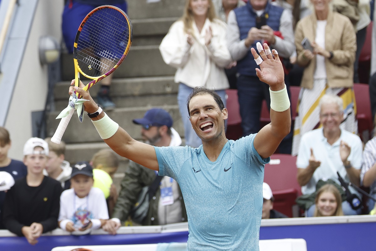 Rafael Nadal of Spain celebrates after defeating Leo Borg of Sweden in their men's singles match at the Nordea Open Tennis tournament in Bastad, Sweden, Tuesday July 16, 2024. (Adam Ihse/TT News Agency via AP)