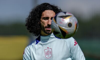 Spain's Marc Cucurella eyes the ball during a training session ahead of Tuesday's Euro 2024, semifinal soccer match against France in Donaueschingen, Germany, Monday, July 8, 2024. (AP Photo/Manu Fernandez)