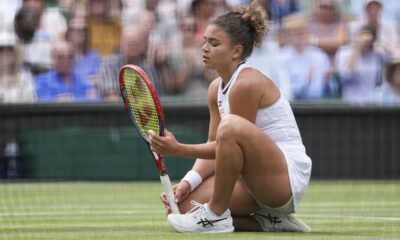 Jasmine Paolini of Italy reacts during her semifinal match against Donna Vekic of Croatia at the Wimbledon tennis championships in London, Thursday, July 11, 2024. (AP Photo/Alberto Pezzali)