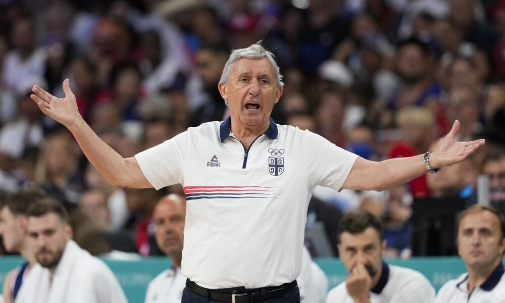 Serbia head coach Svetislav Pesic reacts to a call in a men's basketball game against Puerto Rico at the 2024 Summer Olympics, Wednesday, July 31, 2024, in Villeneuve-d'Ascq, France. (AP Photo/Mark J. Terrill)