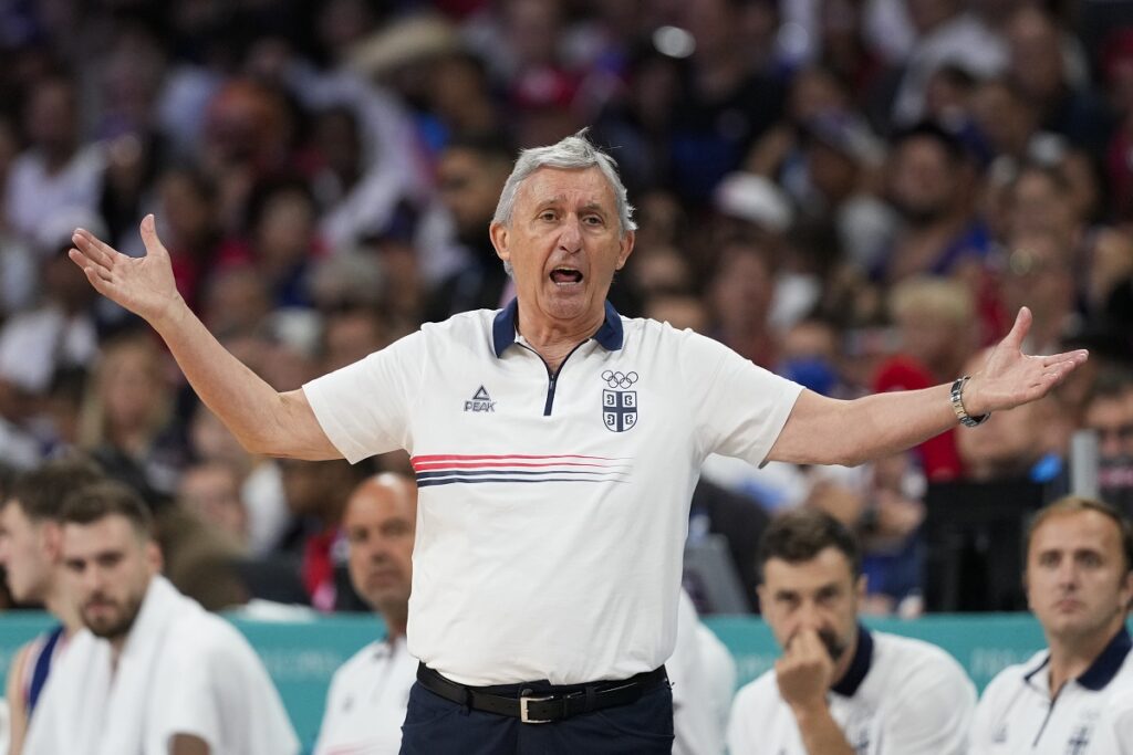 Serbia head coach Svetislav Pesic reacts to a call in a men's basketball game against Puerto Rico at the 2024 Summer Olympics, Wednesday, July 31, 2024, in Villeneuve-d'Ascq, France. (AP Photo/Mark J. Terrill)