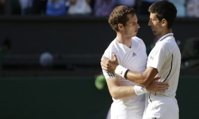 FILE - Andy Murray of Britain, left, is congratulated by Novak Djokovic of Serbia after he won the Men's singles final match at the All England Lawn Tennis Championships in Wimbledon, London, Sunday, July 7, 2013. Murray will play only doubles at his last appearance at the All England Club following his withdrawal from singles after back surgery. (AP Photo/Anja Niedringhaus, Pool, File)