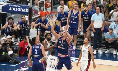 Serbia's Nikola Jokic tries to score during an exhibition basketball match between Serbia and the United States at the USA Basketball Showcase, ahead of the 2024 Paris Olympic basketball tournament, in Abu Dhabi, United Arab Emirates, Wednesday, July 17, 2024. (AP Photo/Altaf Qadri)