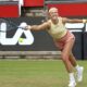 Belarus' Victoria Azarenka plays Russia's Anna Kalinskaya during their singles women quarterfinals match of the WTA Tour in Berlin, Saturday June 22, 2024. (Andreas Gora/dpa via AP)