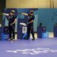 Serbia's Zorana Arunovic, left, and Damir Mikec compete in the 10m air pistol mixed team gold medal event at the 2024 Summer Olympics, Tuesday, July 30, 2024, in Chateauroux, France. (AP Photo/Manish Swarup)