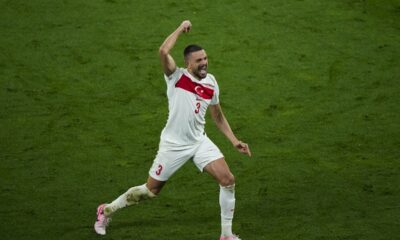Turkey's Merih Demiral celebrates after scoring his side second goal during a round of sixteen match between Austria and Turkey at the Euro 2024 soccer tournament in Leipzig, Germany, Tuesday, July 2, 2024. (AP Photo/Ebrahim Noroozi)
