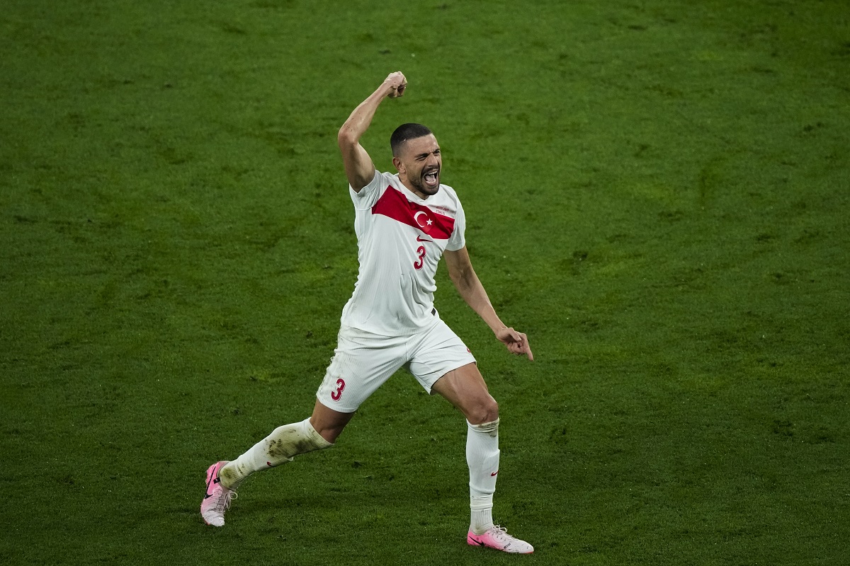 Turkey's Merih Demiral celebrates after scoring his side second goal during a round of sixteen match between Austria and Turkey at the Euro 2024 soccer tournament in Leipzig, Germany, Tuesday, July 2, 2024. (AP Photo/Ebrahim Noroozi)