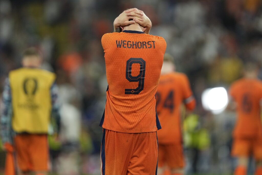 Wout Weghorst of the Netherlands reacts after a semifinal match between the Netherlands and England at the Euro 2024 soccer tournament in Dortmund, Germany, Wednesday, July 10, 2024. England won 2-1. (AP Photo/Darko Vojinovic)