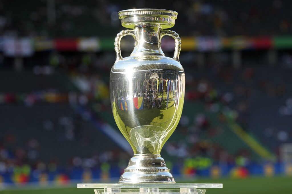 A view of the European Championship trophy prior o the start of the final match between Spain and England at the Euro 2024 soccer tournament in Berlin, Germany, Sunday, July 14, 2024. (AP Photo/Frank Augstein)