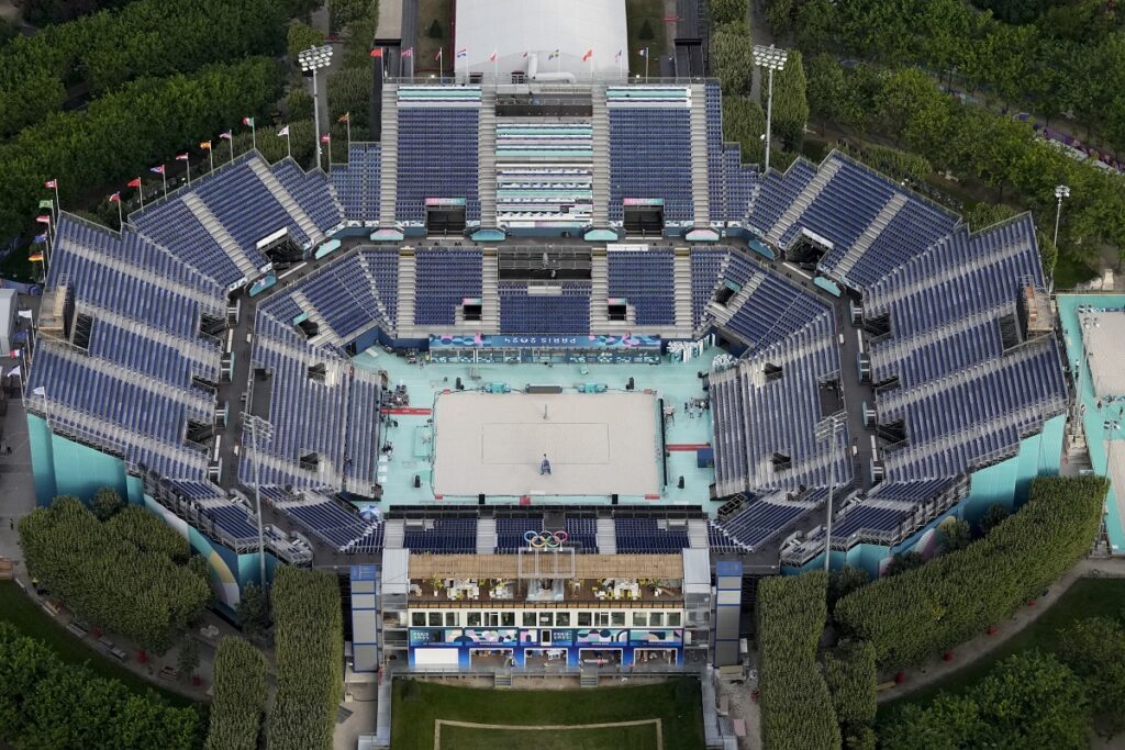 This photo shows the beach volleyball venue ahead of the 2024 Summer Olympics, Monday, July 22, 2024, in Paris, France. (AP Photo/Natacha Pisarenko)