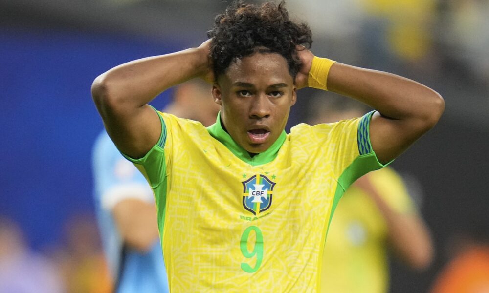 Brazil's Endrick reacts during a Copa America quarterfinal soccer match against Uruguay in Las Vegas, Saturday, July 6, 2024. (AP Photo/Julio Cortez)
