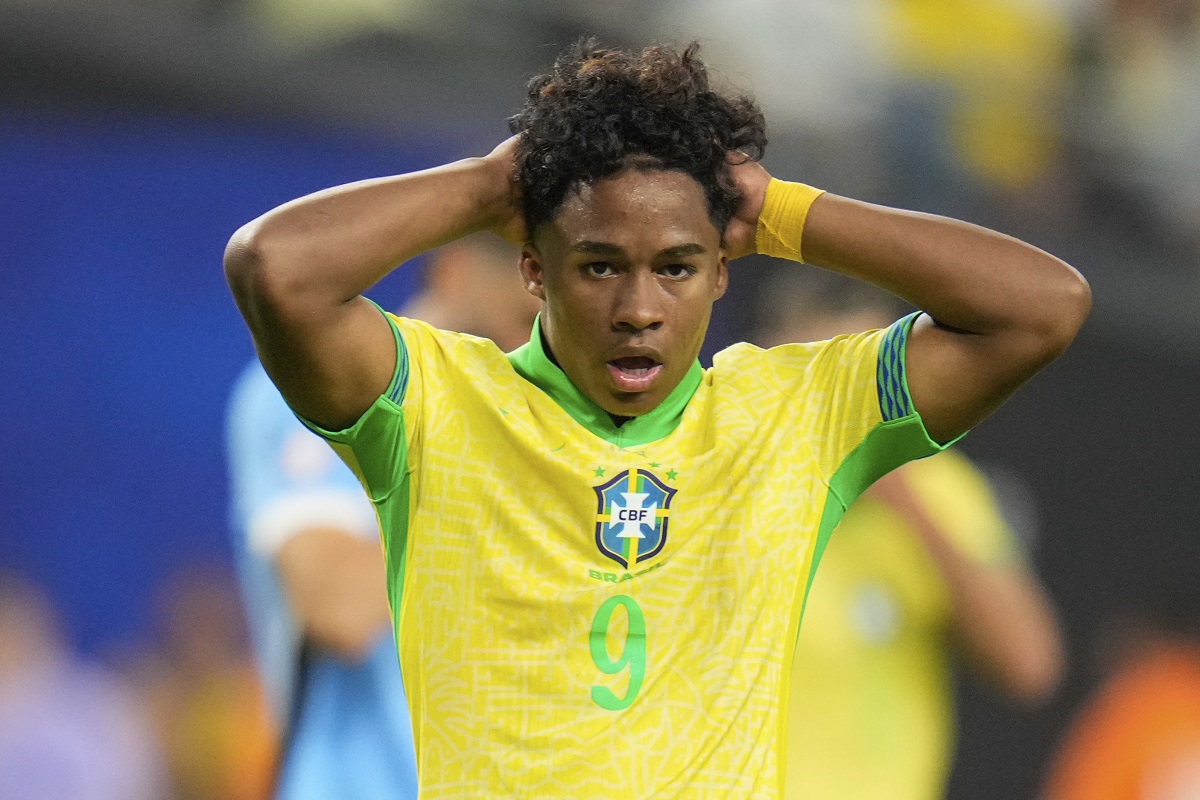 Brazil's Endrick reacts during a Copa America quarterfinal soccer match against Uruguay in Las Vegas, Saturday, July 6, 2024. (AP Photo/Julio Cortez)