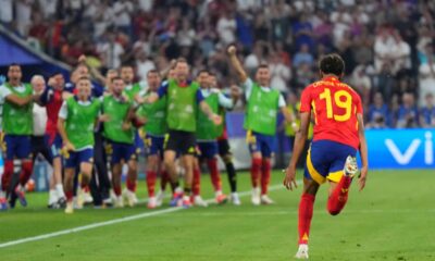 Spain's Lamine Yamal celebrates after scoring his side's first goal during a semifinal match between Spain and France at the Euro 2024 soccer tournament in Munich, Germany, Tuesday, July 9, 2024. (AP Photo/Manu Fernandez)