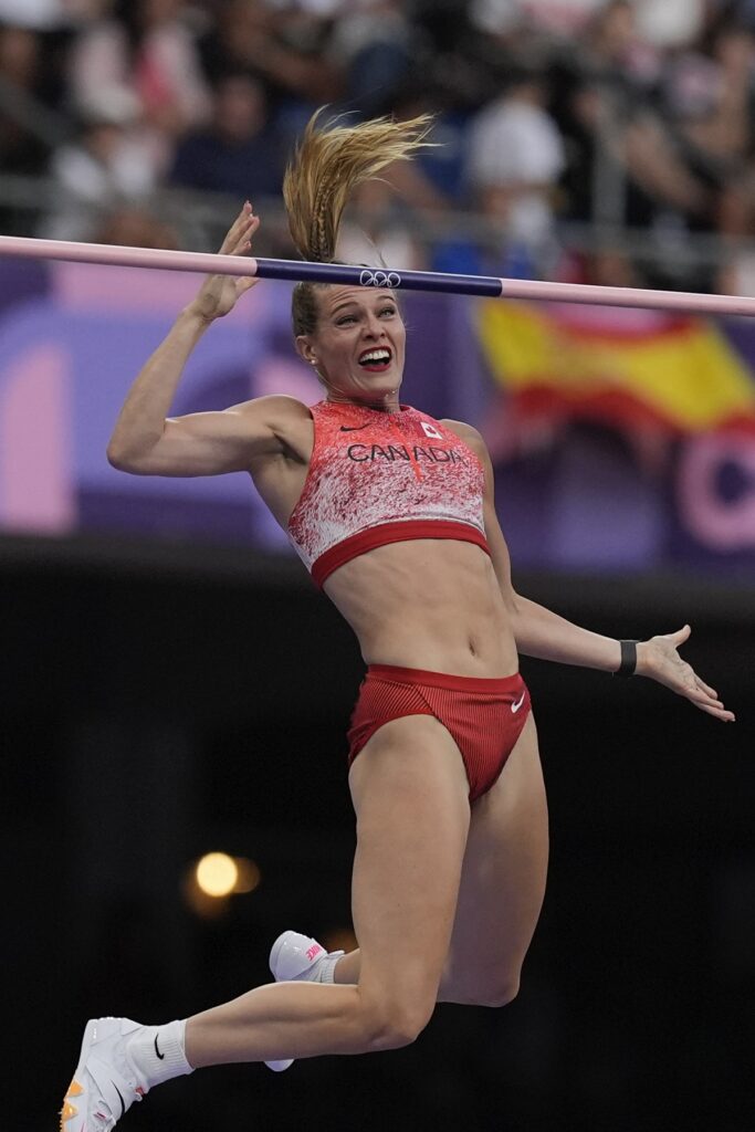 Alysha Newman, of Canada, competes in the women's pole vault final at the 2024 Summer Olympics, Wednesday, Aug. 7, 2024, in Saint-Denis, France. (AP Photo/Rebecca Blackwell)