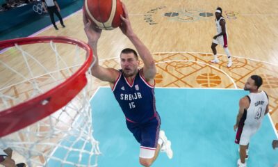 Nikola Jokic (15), of Serbia shoots during a men's semifinal basketball game against the United States at Bercy Arena at the 2024 Summer Olympics, Thursday, Aug. 8, 2024, in Paris, France. (AP Photo/Mark J. Terrill,Pool)