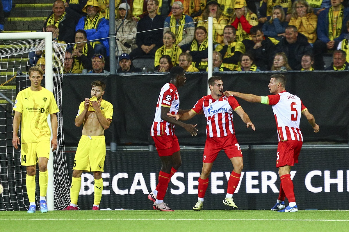 Belgrade's Ognjen Mimovic celebrates after scoring his side's first goal during the Champions League first leg play-off match between Bodø/Glimt and Crvena Zvezda (Red Star Belgrade) at the Aspmyra stadium in Bodø, Norway, Tuesday, Aug. 20, 2024. (Mats Torbergsen/NTB Scanpix via AP)