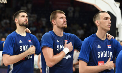 DUSAN RISTIC, NIKOLA JOKIC, ALEKSEJ POKUSEVSKI, kosarkasi Srbije, na prijateljskoj utakmici protiv Japana, u Beogradskoj areni. Beograd, 21.07.2024. foto: Nebojsa Parausic Kosarka, Srbija, Japan