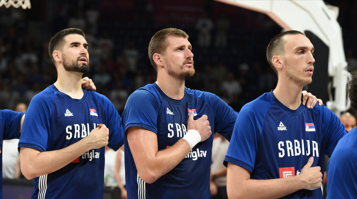 DUSAN RISTIC, NIKOLA JOKIC, ALEKSEJ POKUSEVSKI, kosarkasi Srbije, na prijateljskoj utakmici protiv Japana, u Beogradskoj areni. Beograd, 21.07.2024. foto: Nebojsa Parausic Kosarka, Srbija, Japan