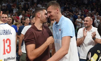 BORISA SIMANIC, STEFAN JOVIC, kosarkasi Srbije, na prijateljskoj utakmici protiv Grcke, u Beogradskoj areni. Beograd, 22.07.2024. foto: Nebojsa Parausic Kosarka, Srbija, Grcka