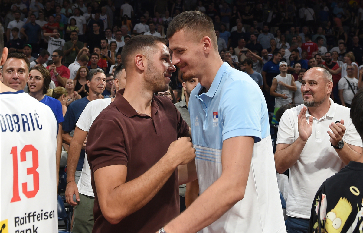 BORISA SIMANIC, STEFAN JOVIC, kosarkasi Srbije, na prijateljskoj utakmici protiv Grcke, u Beogradskoj areni. Beograd, 22.07.2024. foto: Nebojsa Parausic Kosarka, Srbija, Grcka