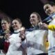 Medal winners, from left, Germany's Miriam Butkereit, silver, Croatia's Barbara Matic, gold, Austria's Michaela Polleres, Belgium's Gabriella Willems, bronze, pose after the podium of the women's -70kg event in the team judo competition, at Champ-de-Mars Arena, during the 2024 Summer Olympics, Wednesday, July 31, 2024, in Paris, France. (AP Photo/Eugene Hoshiko)