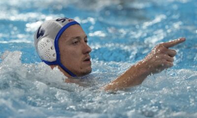 Serbia's Sava Randelovic celebrates after scoring a goal during a men's water polo Group B preliminary match between Serbia and France, at the 2024 Summer Olympics, Saturday, Aug. 3, 2024, in Saint-Denis, France. (AP Photo/Luca Bruno)