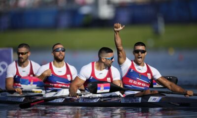 Serbia's Marko Dragosavljevic, Andjelo Dzombeta, Marko Novakovic and Vladimir Torubarov react after competing in the men's kayak four 500-meter heats at the 2024 Summer Olympics, Tuesday, Aug. 6, 2024, in Vaires-sur-Marne, France. (AP Photo/Ebrahim Noroozi)