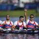 Serbia's Marko Dragosavljevic, Andjelo Dzombeta, Marko Novakovic and Vladimir Torubarov react after competing in the men's kayak four 500-meter heats at the 2024 Summer Olympics, Tuesday, Aug. 6, 2024, in Vaires-sur-Marne, France. (AP Photo/Ebrahim Noroozi)