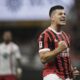 AC Milan's Luka Jović celebrates after the second their goal against Monza during the Silvio Berlusconi Trophy (Trofeo Berlusconi) soccer match at the San Siro Stadium in Milan, Italy, Tuesday, Aug. 13, 2024. (Marco Alpozzi/LaPresse via AP)